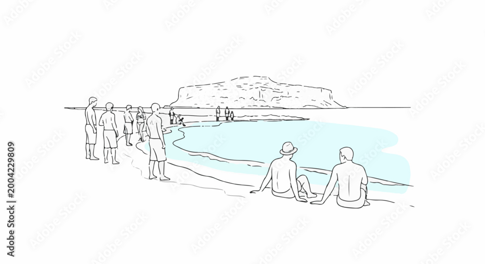 Naklejka premium People relax on a beach with a rocky island in the distance