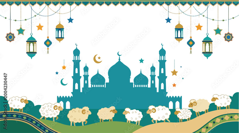Fototapeta premium Eid al-Adha Illustration with Mosque and Sheep Landscape Vector Graphic for Islamic Holiday Celebrations