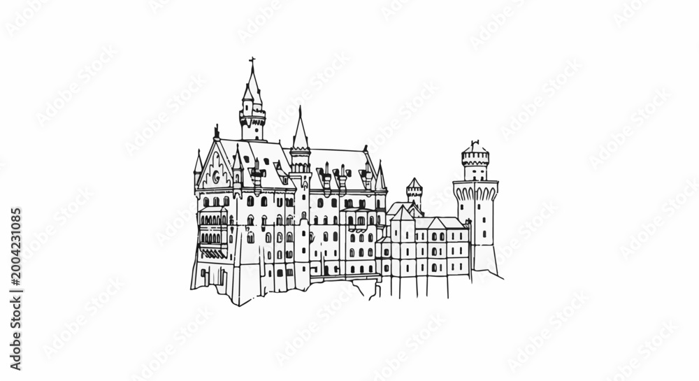 Obraz premium Ornate line drawing of a grand castle with multiple towers and spires