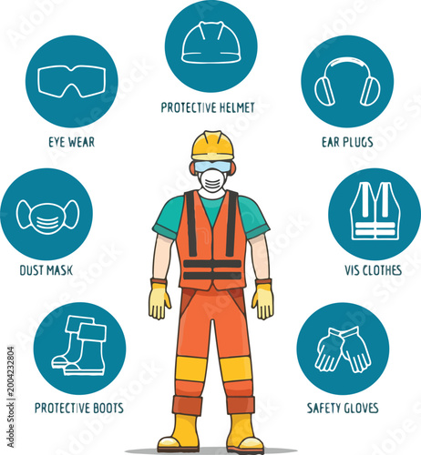 Safety Workwear Illustration Set – PPE Protective Gear, Construction Workers Wearing Helmet, Gloves, Vest, Boots, Industrial Safety Equipment Vector for Workplace Protection Design