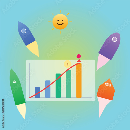 Ultimate Business Growth and Success Infographic, Corporate Startup Launch Concept with Rockets, Growth Chart and Happy Sun Vector Illustration