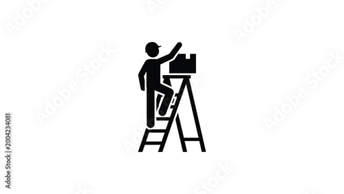 A black icon showing a worker climbing a stepladder to reach a box.