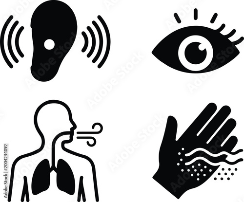 Human Senses, Anatomy, and Respiratory System Vector Icon Set