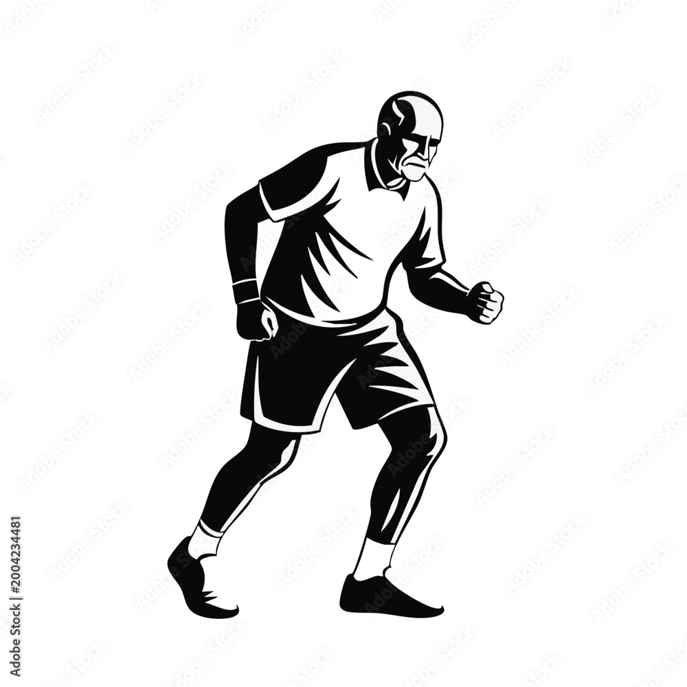 Naklejka premium Old man running or jogging. Active senior fitness and healthy lifestyle silhouette vector illustration isolated on transparent background