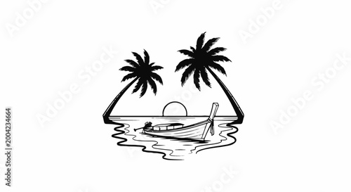Photos Stylized tropical island scene with a longboat, palm trees, and setting sun