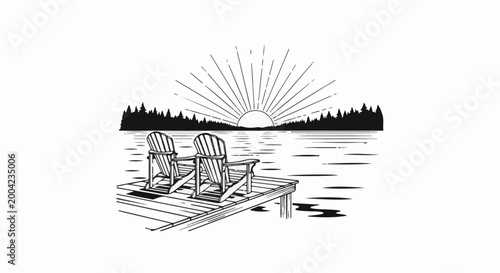 Photos Two chairs on a dock at sunrise by a lake with a forest backdrop