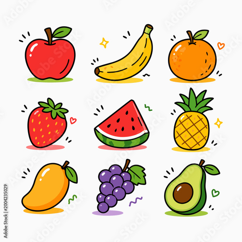 Cute Fruit Doodle Vector Set – Colorful Flat Cartoon Fruit Icons Collection