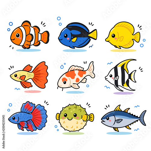Cute Fish Doodle Vector Set – Colorful Flat Cartoon Aquarium and Sea Fish Icons Collection