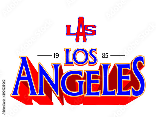 Vintage 3D "Los Angeles" typography design with "LA" emblem and 1985 date, featuring classic blue, red, and gold athletic styling on a white background.