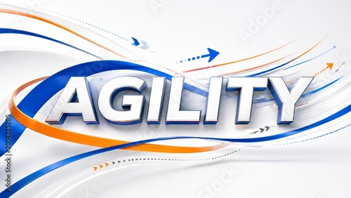 Agility word art in dynamic 3D typography with blue and orange motion ribbons, arrows and business transformation concept. AI generative