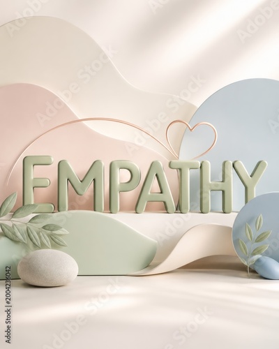 Empathy word art in soft pastel wellness scene with heart outline, botanical leaves and calming organic shapes. AI generative