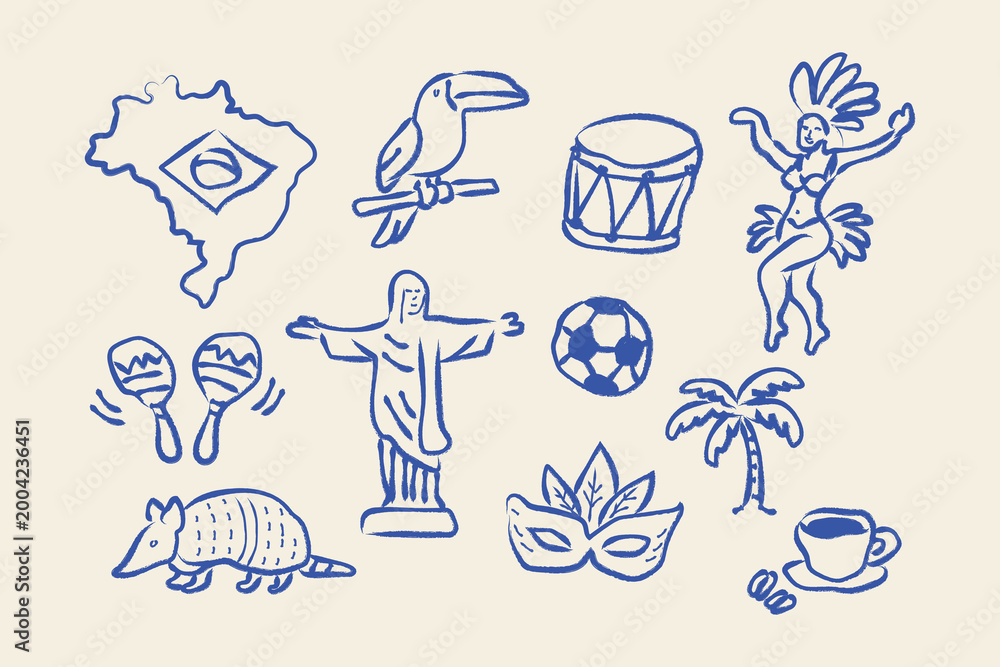 Fototapeta premium Brazil travel elements set naive blue sketch vector