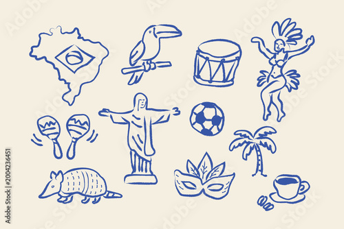 Brazil travel elements set naive blue sketch vector