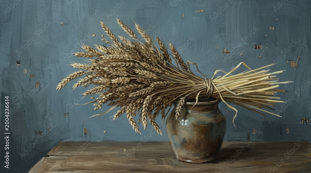 Obraz premium Wheat Bundle in Rustic Pot Wheat Bundle Pot Rustic Still Life Nature Agriculture. Concept featuring wheat, bundle, pot, rustic, still life for professional commercial design.