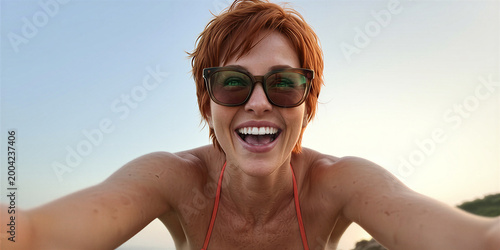 Athletic red-haired woman wearing large sunglasses and red halter top, smiling widely, with blurry sky and trees in the background, taking a selfie.