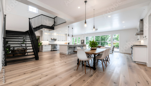 Bright modern open plan kitchen and dining interior with hardwood floors.
