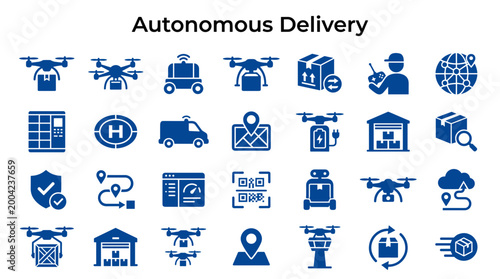 Autonomous Delivery Services Icons Representing Drones, Robots, Vans, and Logistics for Future Supply Chain and E-commerce