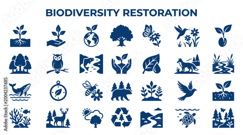 Biodiversity restoration icons set representing nature conservation and ecological balance with diverse flora and fauna symbols for environmental awareness