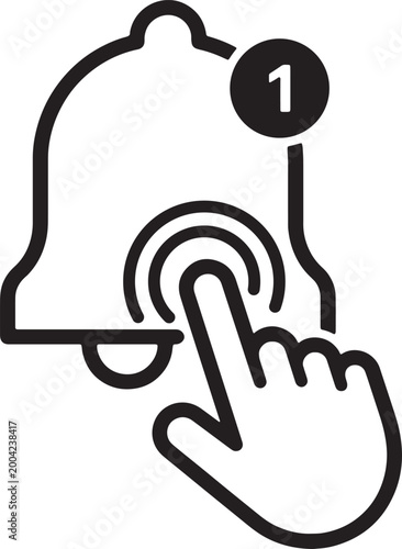 Notification bell icon with finger tap gesture and alert badge in minimal outline vector style