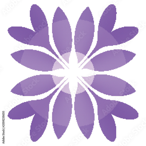 Abstract purple floral mandala with halftone leaf dot pattern, radial symmetry geometric vector, modern gradient flower design.