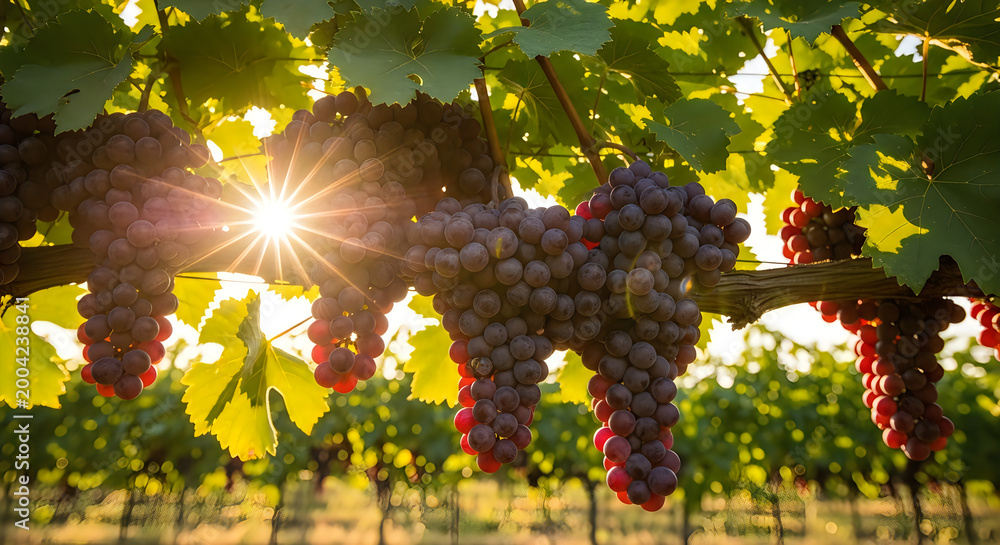 Fototapeta premium Abundant grape harvest sun drenched vineyard with ripe purple and red grapes