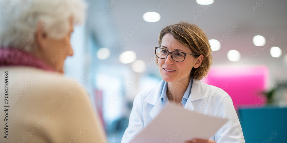 Fototapeta premium Female doctor consulting elderly patient indoors