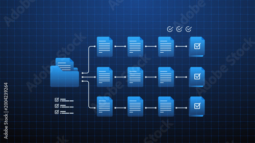 Digital document management workflow system with file processing automation and data flow diagram.