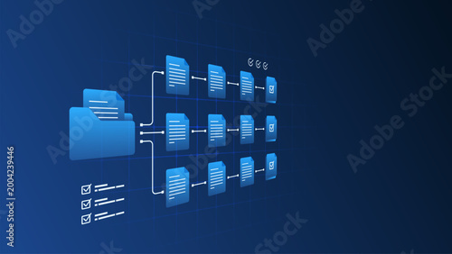 Digital document management workflow system with file processing automation and data flow diagram.