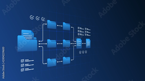 Document management workflow system with folder structure, file processing pipeline and task checklist integration.