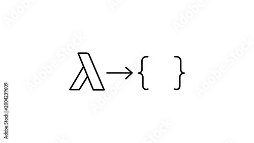 Foto Minimalist serverless computing black line vector icon with editable stroke on white background, featuring a cloud function with lambda symbol and curly braces for software coding and programming