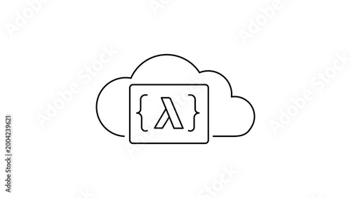 Schilderij op canvas Serverless Computing and Cloud Function Editable Stroke Vector Icon; Minimalist Outline Illustration of Lambda Code Block in a Cloud for Web Development, Software Engineering, and Tech Design