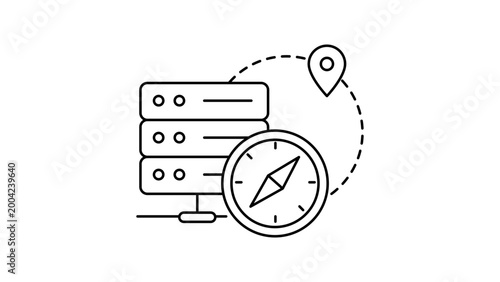 Service Discovery Vector Icon with Editable Stroke. Minimalist black line illustration of a server stack, compass, and location pin representing network navigation and IT infrastructure.