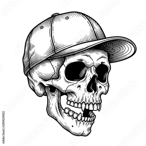 A detailed illustration of a skull wearing a baseball cap on its head