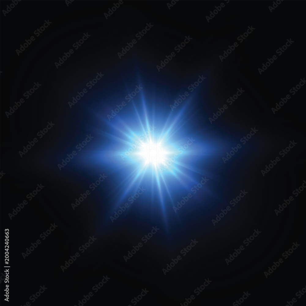 Fototapeta premium Abstract glowing lens flare light burst with radiant rays and sparkle shine optical effect isolated on dark background