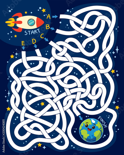 Space maze puzzle for children where kids help a rocket reach Earth. Educational activity that develops logic, attention, and problem-solving skills in a fun space learning theme.