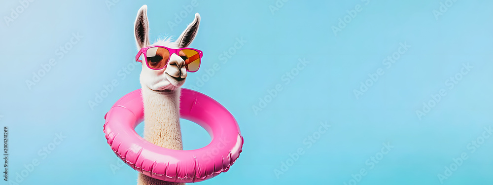 Fototapeta premium A llama in sunglasses holding an inflatable float against a blue studio background with space for text - playful animal concept, summer mood