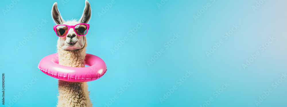 Fototapeta premium A llama wearing sunglasses and holding an inflatable beach ring against a blue studio background with copyspace