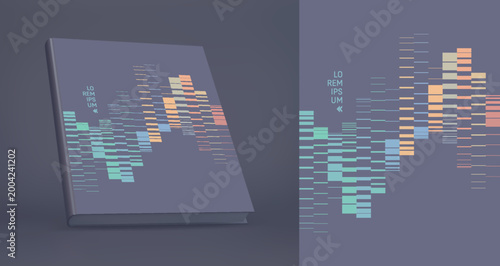 Hardcover book layout. Digital wave. Big data. Geometric lines cascade onto a dark background. Image of multiple lines of varying thickness. Transition and displacement effects. Industrial style.