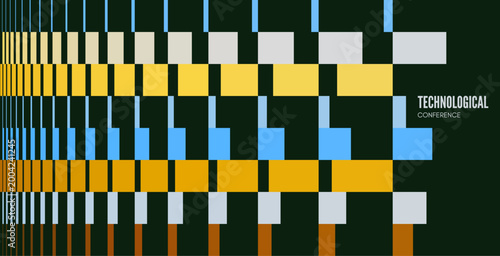 An abstract code matrix structure of large pixel elements. Digital flow. Geometric art. The design conveys a sense of movement. The pattern is enlarged horizontally in perspective. Technological style