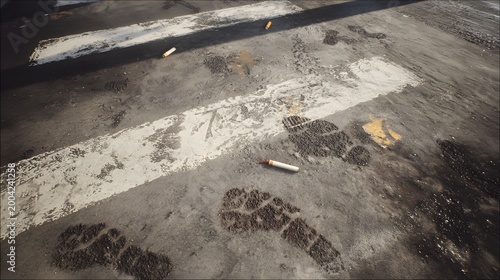 dirty road with white line and footprints