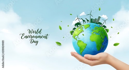 World Environment Day Concept with Hand Holding Earth Globe and Nature