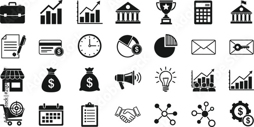 Business and finance mixed icons set including growth bank trophy calculator analytics money marketing communication workflow symbols