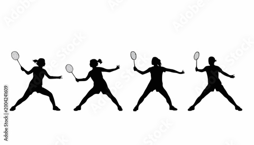 Set of four black silhouette illustrations of female badminton players