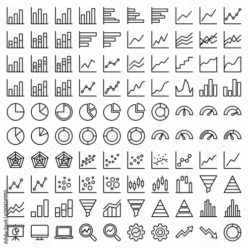 The image displays a collection of various business and statistical icons on a white background.