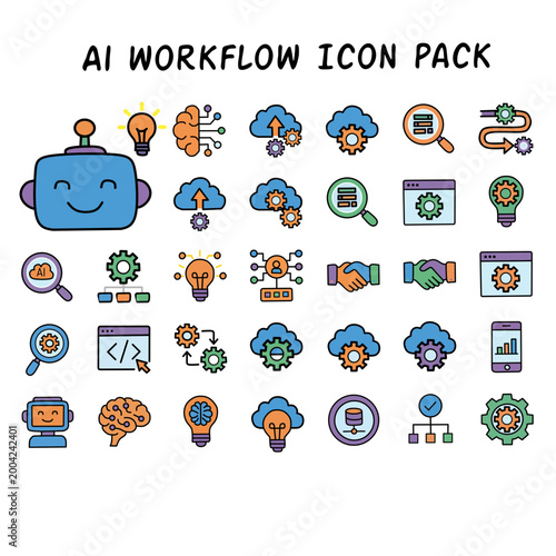 Colorful AI Workflow Icon Pack with Robot Brain Cloud and Technology Symbols