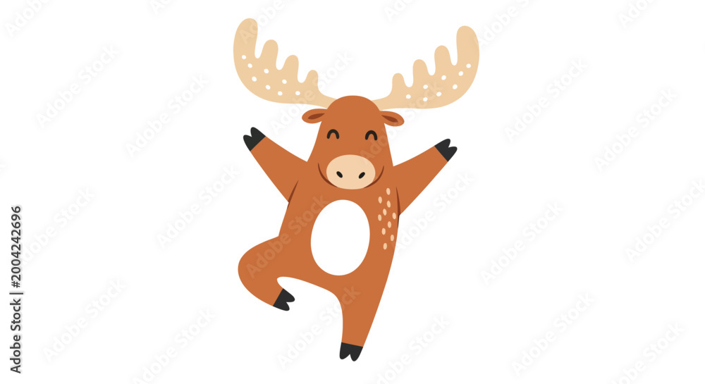 Fototapeta premium Cute cartoon moose character happily standing on one leg with arms wide open, smiling.
