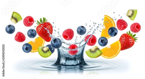 Fresh fruit splashing into clear glass of water with strawberries, blueberries, raspberries, kiwi, and orange slices in a refreshing summer concept with healthy lifestyle