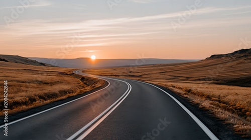 Sun dips low over winding road through golden fields. Sky blushes warm tones at dusk's edge