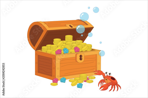 Treasure Chest with Gold Coins Illustration, Pirate Treasure, Underwater Sea Wealth, Vector Design