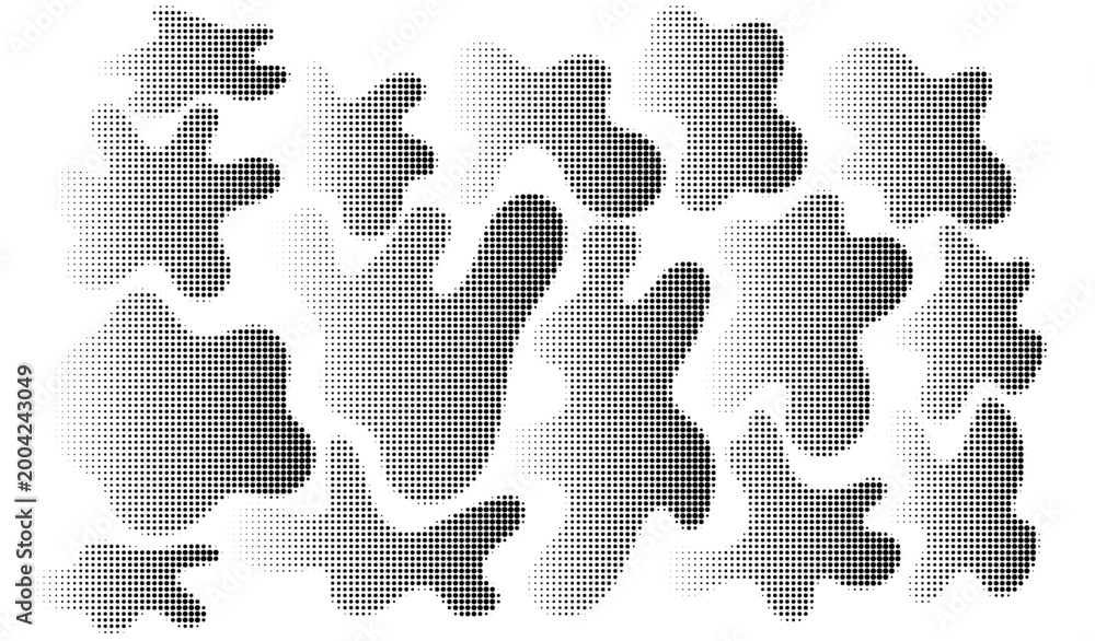 Fototapeta premium Halftone freeform set. Black dotted gradient stripe. Half tone textured puddle pack for divide and separate. Vector noise dots and particles strips